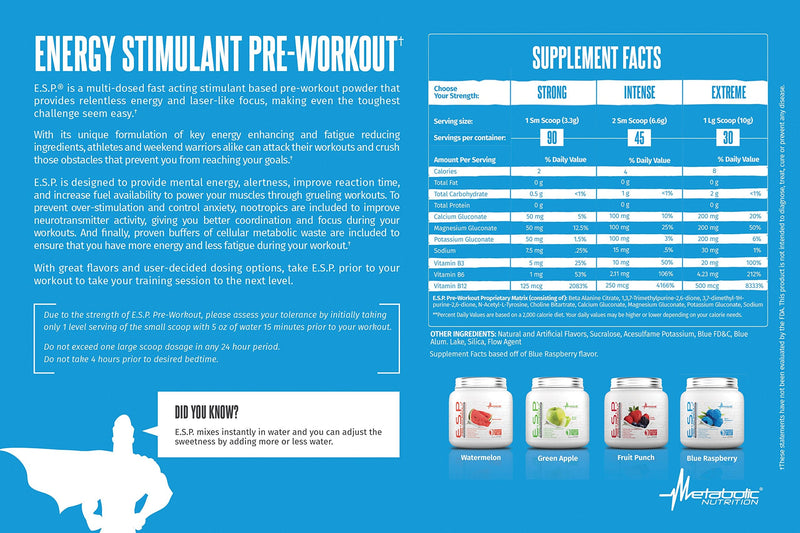 Metabolic Nutrition | ESP - Stimulating Pre Workout, Pre Intra Workout Supplement | Energy & Endurance Stimulating | Natural, Safe & Mental Focus | Blue Raspberry, 300 Grams (90 Servings) - NewNest Australia