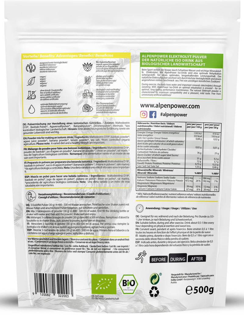 Alpenpower Organic Iso Drink Powder Lemon 500 G I Isotonic Drink Powder I 100% Natural Ingredients I Excellent Compatibility I No Artificial Additives I Ideal For Endurance Sports - NewNest Australia