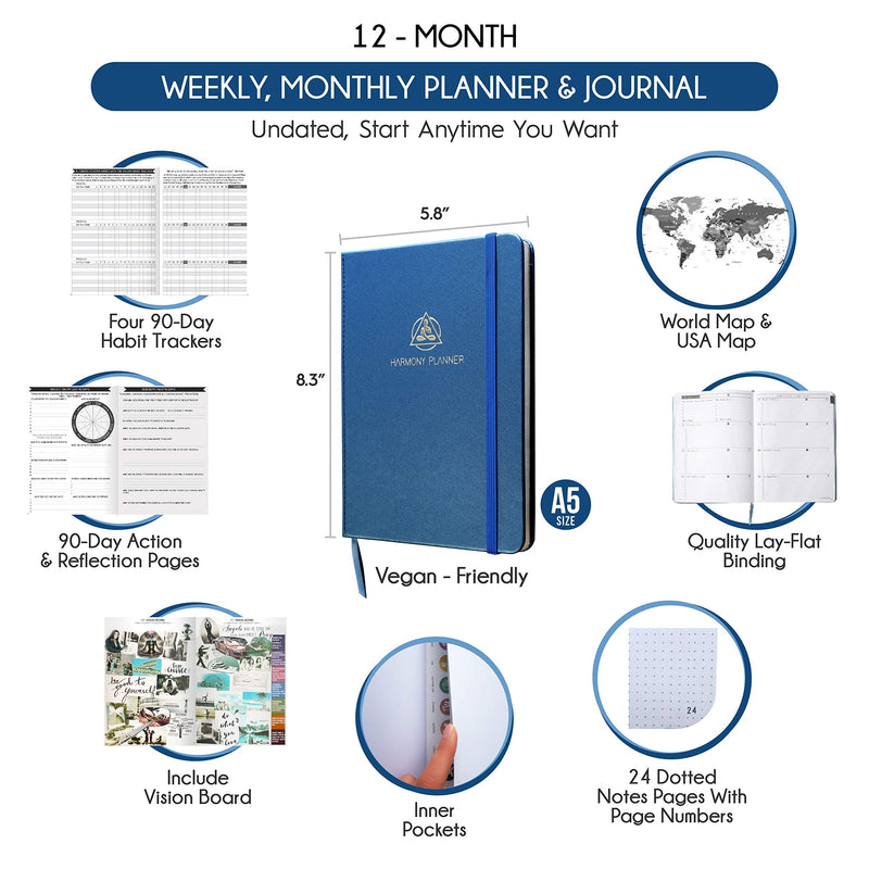 Harmony Goal Planner - A 12 Month Journey to Bring Harmony in Your Life, Increase Productivity, Passion, Success & Happiness - Life Planner, Habit-Tracker, Gratitude Journal & Organizer Dark Blue - NewNest Australia