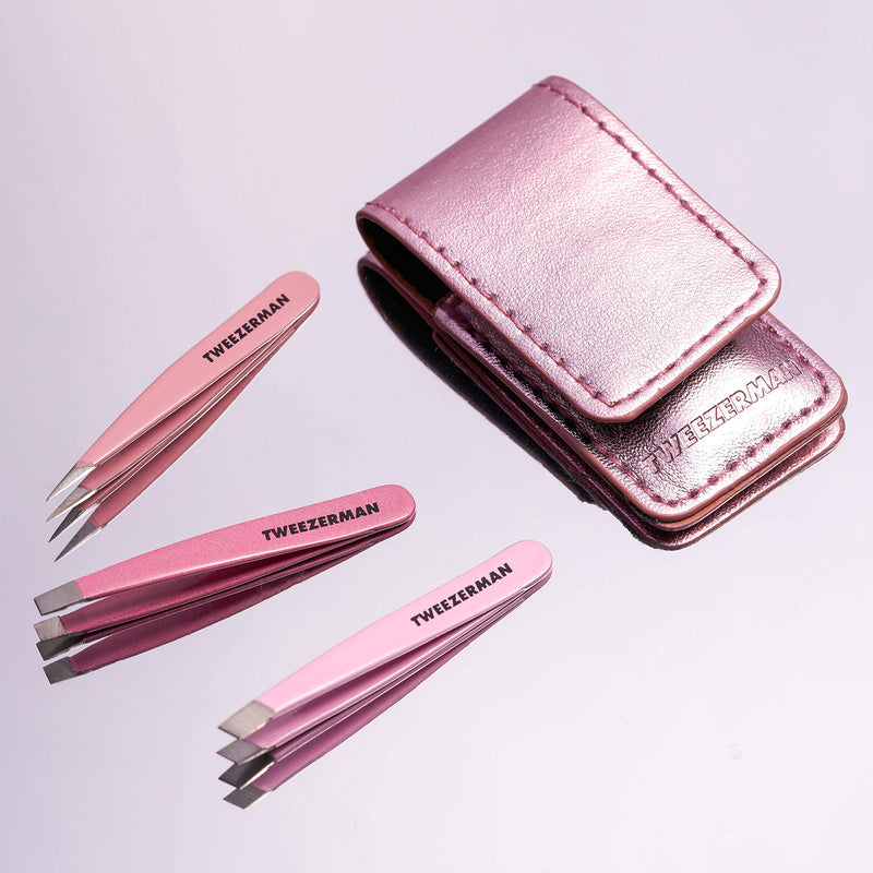 TWEEZERMAN mini tweezers set, 3 pieces for eyebrow plucking for travel and on the go, pink - NewNest Australia