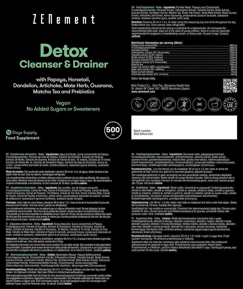 Detox Treatment Liquid High Dose With Artichokes, Dandelion, Papaya, Matcha Tea For The Liver | Naturally Detoxify Liver & Body & Weight Loss | 500Ml | Vegan | Zenement - NewNest Australia