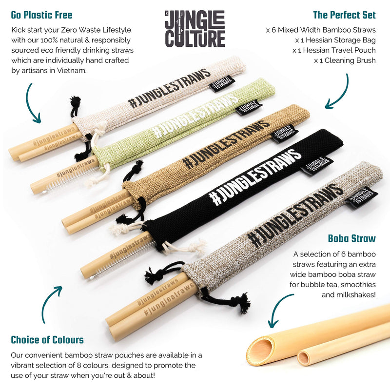 Jungle Straws® Reusable Bamboo Drinking Straws | Pack of 6 Including Boba Straw for Bubble Tea, Storage Bag, Pouch & Cleaning Brush | Zero Waste Natural Straws | Eco Friendly & Organic | Plastic Free Ash - NewNest Australia