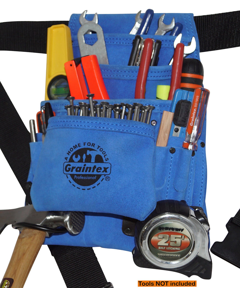 Graintex SS2138 10 Pocket Nail & Tool Pouch Blue Color Suede Leather with 2” Webbing Belt for Constructors, Electricians, Plumbers, Handymen - NewNest Australia