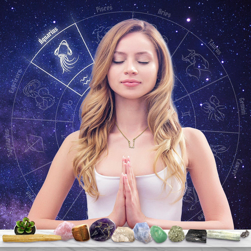 DANCING BEAR Aquarius Zodiac Healing Crystals Gift Set, (14 Pc): 9 Stones, 18K Gold-plated Constellation Necklace, Meteorite, Succulent Candle, Palo Santo Smudge stick, and Info Guide, Made in the USA - NewNest Australia