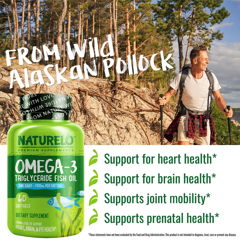 NATURELO Omega-3 Fish Oil Supplement - EPA + DHA - 1100 mg Triglyceride Omega-3 per Gel - One A Day - for Heart, Eye, Brain, Joint Health - No Burps - Lemon Flavor - 60 Softgels | 2 Month Supply 60 Count (Pack of 1) - NewNest Australia