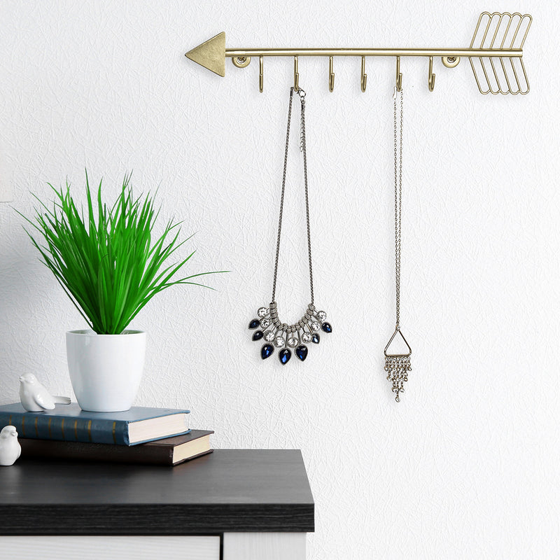 Arrow Design Wall Mounted Brass-Tone Metal 6 Hook Necklace Organizer Hanging Rack Arrow With Fletching - NewNest Australia