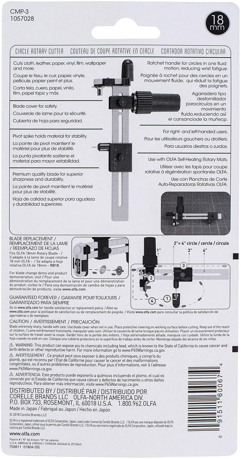 OLFA 18mm Rotary Circle Cutter (CMP-3) - Adjustable Rotary Blade Cutter w/ Ratchet Handle Cuts Perfect Circles for Crafts, Sewing, Quilting, Replacement Blade: OLFA RB18-2 - NewNest Australia