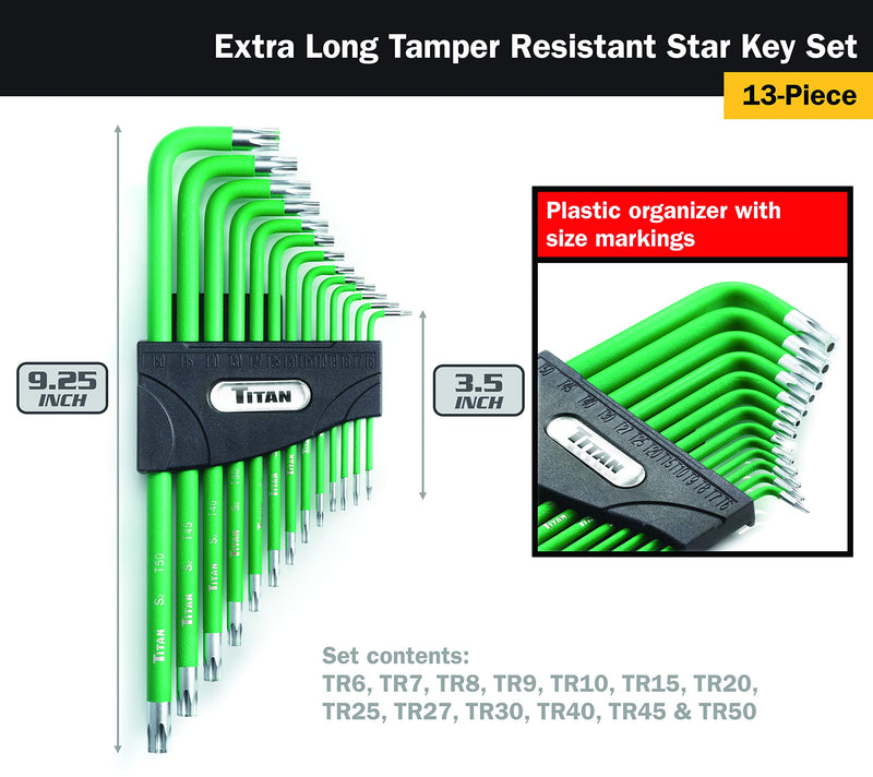 Titan 12715 Extra-Long Arm Tamper Resistant Star Key Set - 13 Piece Green - NewNest Australia