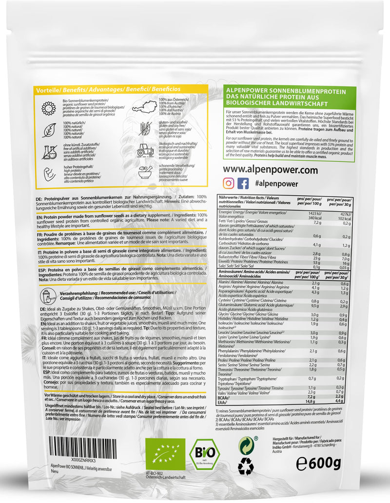 Alpenpower Organic Sunflower Protein From Austria, 600 G, 100% Pure Sunflower Protein Without Additives, Vegan & Low Carb, High-Quality Protein Powder, Versatile Use - NewNest Australia