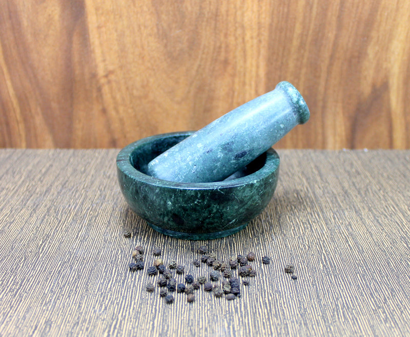 NewNest Australia - KLEO 4" Diameter Natural Stone Mortar and Pestle Set as Spice Grinder, Medicine Masher - Okhli And Musal (Green Shallow) Green Shallow 