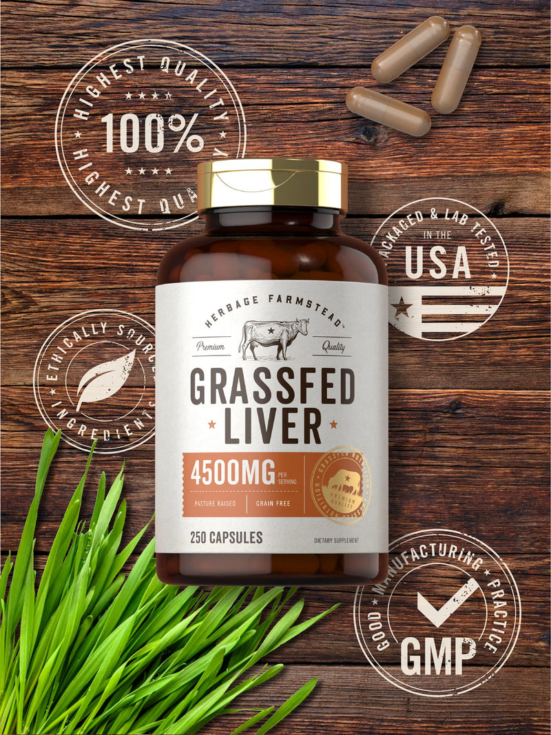 Grassfed Beef Liver Capsules 4500mg | 250 Count | Desiccated Supplement | Non-GMO, Gluten Free | by Herbage Farmstead - NewNest Australia