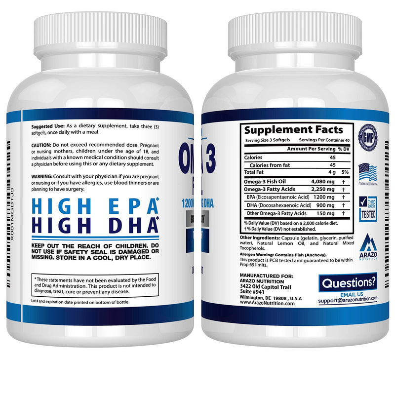 Omega 3 Fish Oil 4,080mg - High EPA 1200mg + DHA 900mg Triple Strength Burpless Softgels - Arazo Nutrition (120 Soft Gels) 120 Count (Pack of 1) - NewNest Australia
