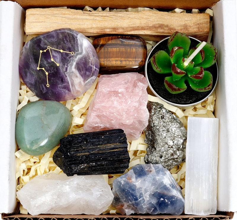 DANCING BEAR Aquarius Zodiac Healing Crystals Gift Set, (14 Pc): 9 Stones, 18K Gold-plated Constellation Necklace, Meteorite, Succulent Candle, Palo Santo Smudge stick, and Info Guide, Made in the USA - NewNest Australia