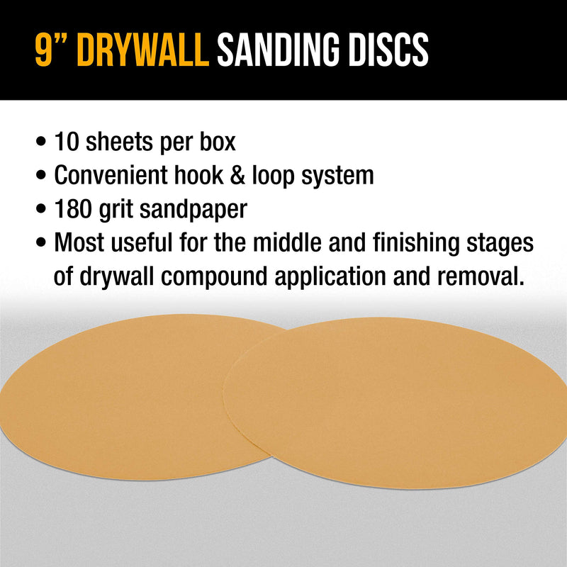 Dura-Gold Premium 9" Drywall Sanding Discs - 180 Grit (Box of 10) - High-Performance Sandpaper Discs with Hook & Loop Backing, Fast Cutting Aluminum Oxide Abrasive - For Drywall Power Sander, Wood 180-Grit - NewNest Australia