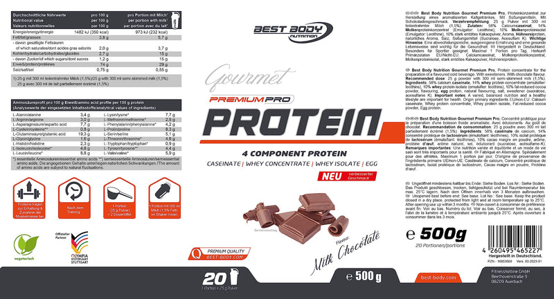 Best Body Nutrition Gourmet Premium Pro Protein, Milk Chocolate, 4 Component Protein Shake: Caseinate, Whey Concentrate, Whey Isolate, Egg Protein, 500 G (Pack Of 1) - NewNest Australia
