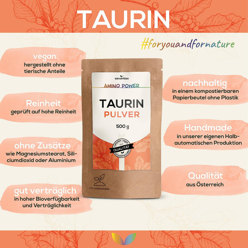 Taurine powder | 500g bag | 100% pure active ingredient | Quality from Austria | laboratory tested | vegan | Sanutrition - NewNest Australia
