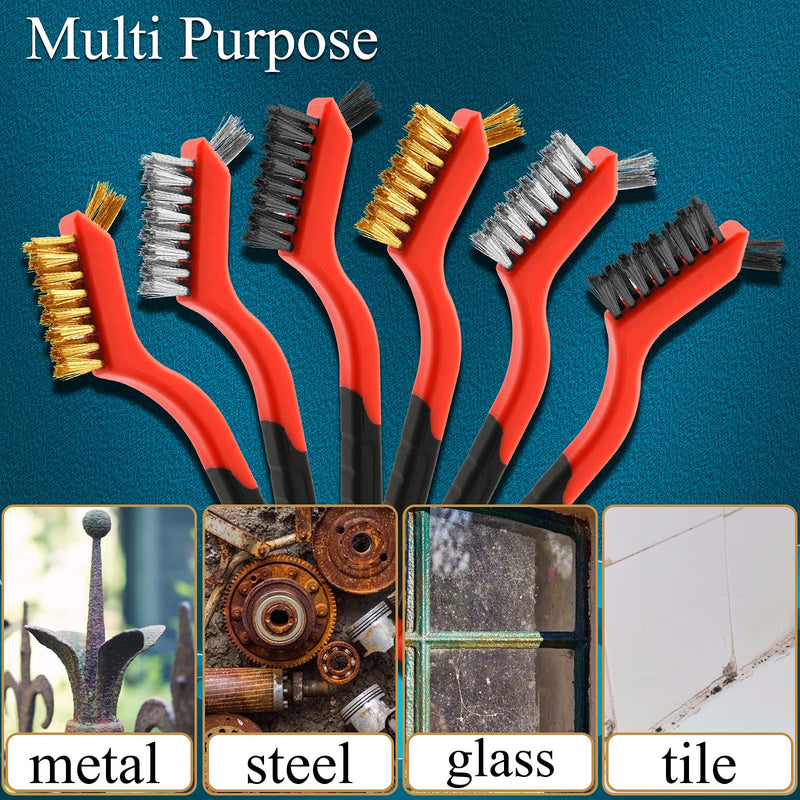 Wire Brush Set, 6 Pcs Brass/Stainless Steel/Nylon Wire Brushes for Cleaning with Curved Handle Grip for Rust Removal, Dirt, Paint Scrubbing - NewNest Australia