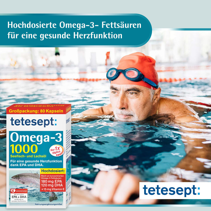 Tetesept Omega-3 1000 - Sea Fish And Salmon Oil Capsules - High Dose Omega 3 Fatty Acids Dha, Epa And Vitamin E - Supports Cardiovascular System - 1 X 80 Capsules [Dietary Supplement] - NewNest Australia