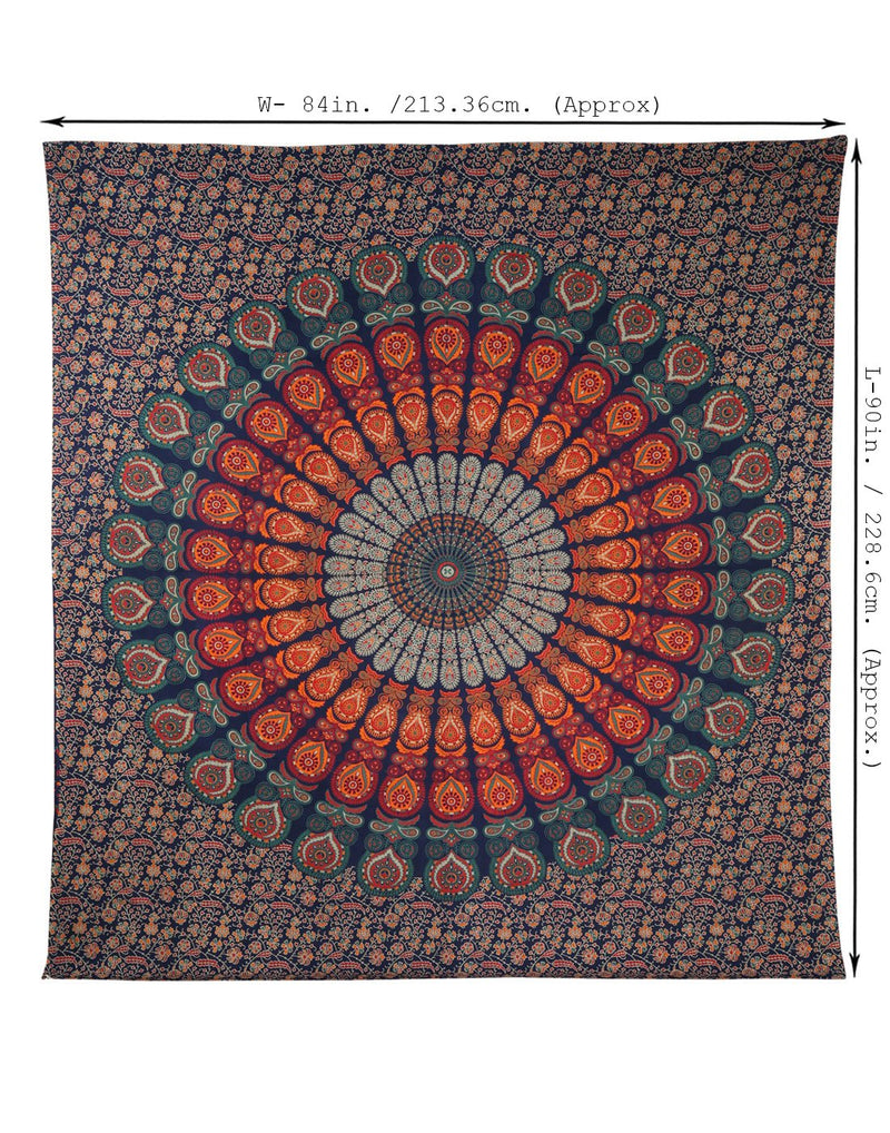 NewNest Australia - Peacock Mandala Tapestry - Hippie Queen Size Wall Hanging 90x84 inch Decorative Trippy Tapestries Bohemian Boho Bedding Indian Handmade Pure Cotton Bed Spread Sheet Golden Blue Queen L-90 x W-84 Inches 