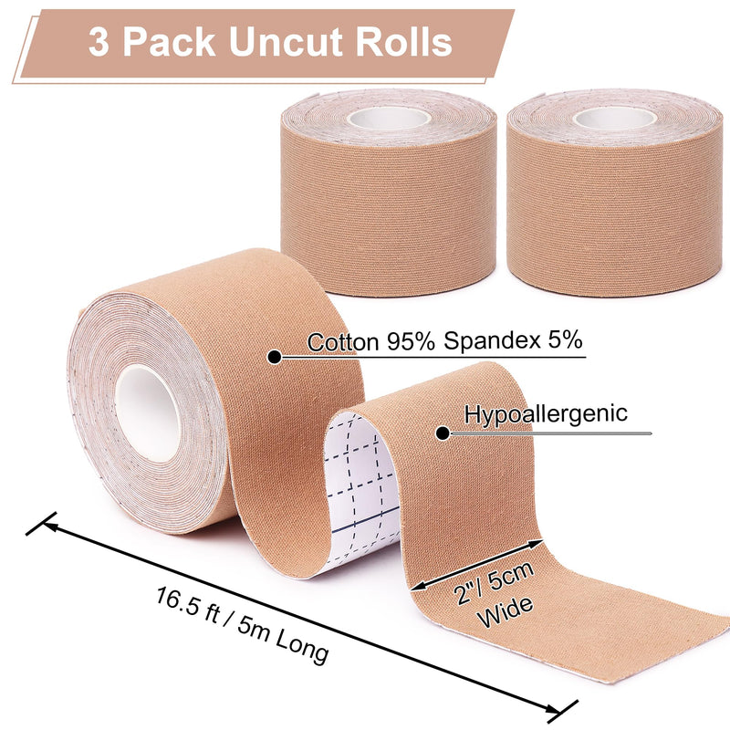 Superbe Kinesio Tape and Physio Tape (Pack of 3 Rolls), Kinesiology Tape for Athletics, Pain Relief, Recovery and Physiotherapy, 5cm x 5m (Beige) Beige - NewNest Australia