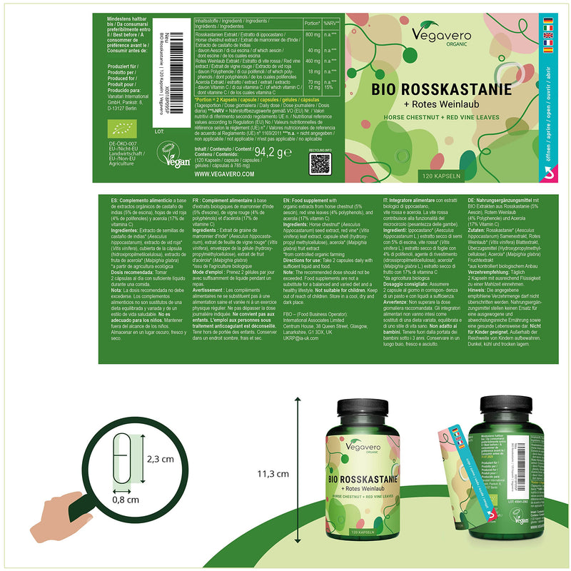 Horse Chestnut Extract Capsules Vegavero | 100% Organic | 800 Mg Extract With Grape Leaves & Natural Vitamin C | 120 Capsules | Aescin & Polyphenols | Veins Capsules | Vegan & Without Additives - NewNest Australia