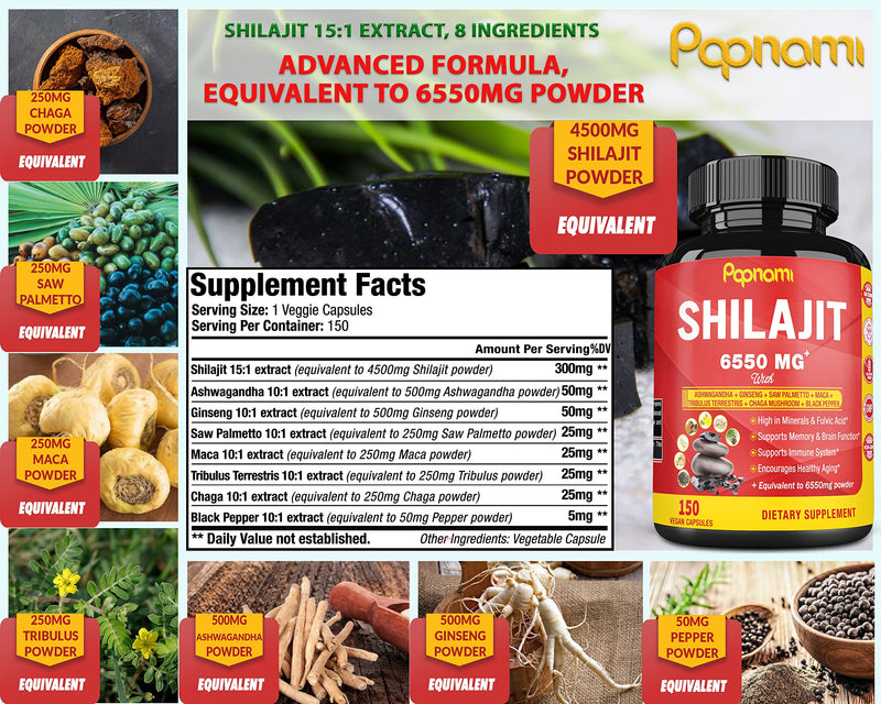 Shilajit Extract Capsules equivalent to 6550mg & Ashwagandha, Ginseng, Saw Palmetto, Maca, Tribulus, Chaga, Pepper, 5 Months Supply | Trace Minerals Fulvic Acid| Immune Support, Brain Boost Supplement - NewNest Australia