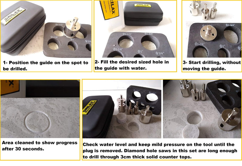 Drilax Diamond Hole Saw Drill Bit 5 Pcs Set Long 3/4 1 1-1/4 1-1/2 1-3/4 Inch Ceramic Porcelain Tile Glass Granite Slate Insert Guide Included - NewNest Australia