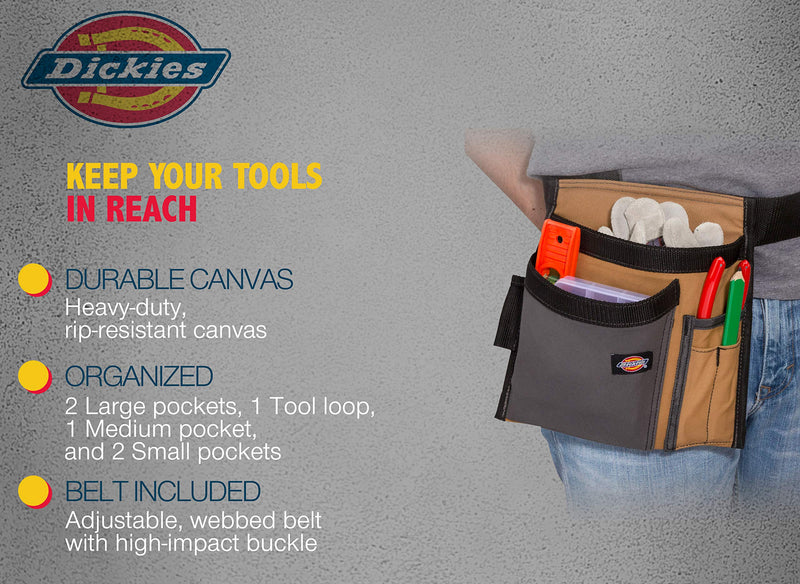 Dickies 5-Pocket Single Side Tool Belt Pouch/Work Apron for Carpenters and Builders, Durable Canvas Construction, Adjustable Belt for Custom Fit, Grey/Tan Tan - NewNest Australia
