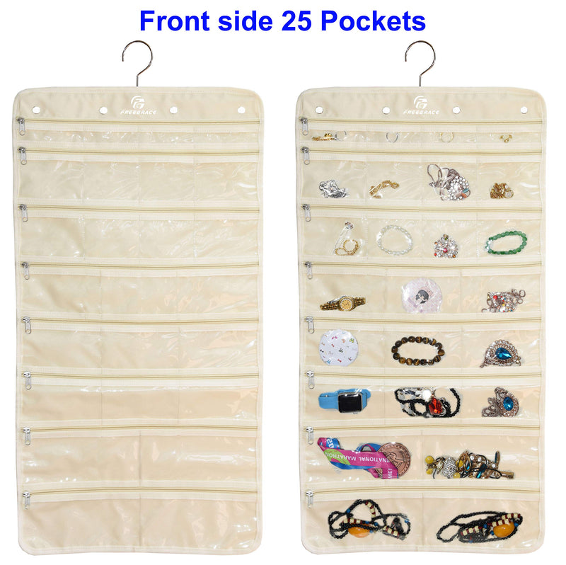 Freegrace Premium Hanging Jewelry Organizer Revolving Hanger - Secure Zipper Closure - 50 Pockets/Two-Side Pockets - Foldable Storage & Display Solution Jewelry & Bijoux - Beige Beige (50 Pockets) - NewNest Australia