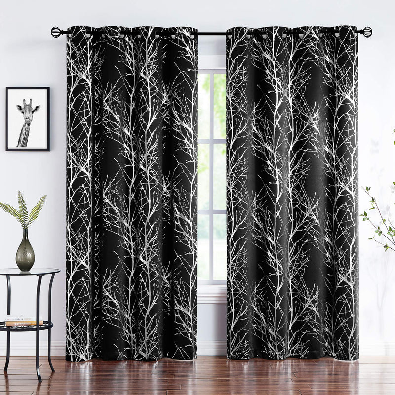 NewNest Australia - Metallic Tree Curtains for Bedroom Black 54" Foil Silver Print Modern Blackout Window Drapes Triple Weave Thermal Insulated Curtain Panels for Small Windows Grommet Top, 2 Panels 50" x 54"L Foil Silver on Black 