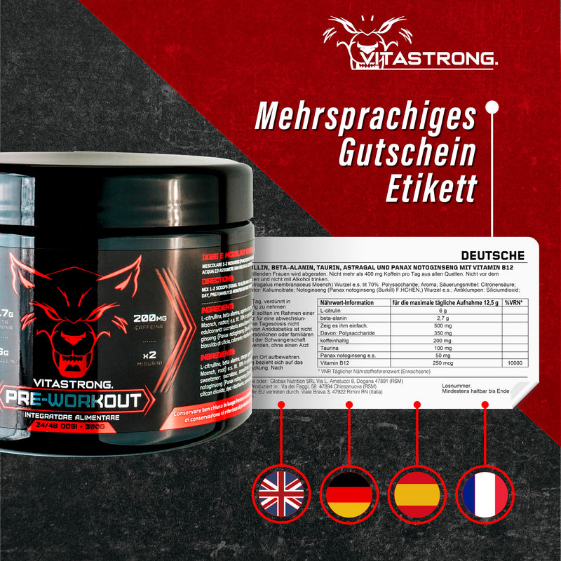 Pre Workout Booster Vitastrong - Booster Pre Workout with Beta Alanine + Caffeine & Taurine + Vitamin B - Preworkout for Extreme Pump - Drink Powder for Energy Drink - NewNest Australia