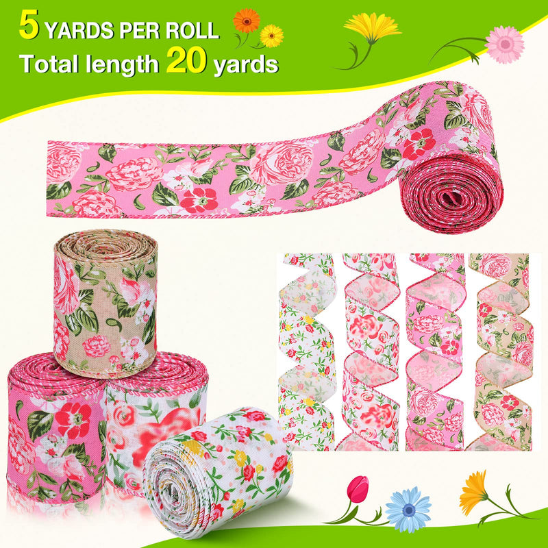 Floral Ribbon 4 Rolls Wired Edge Ribbon Spring Summer Craft Wired Ribbon Flower Pattern Ribbons Decorative Fabric Ribbons for Making Bows and Wreaths Gift Wrapping, 20 Yard x 2.5 Inch (Delicate Style) Delicate Style - NewNest Australia