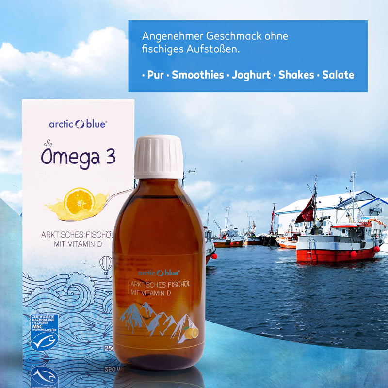 Arctic Blue Omega 3 fish oil - 250 ml liquid - high dose with DHA, EPA and vitamin D - without burping or fishy smell - arctic fish oil - MSC certified - orange flavor 250 ml (pack of 1) - NewNest Australia