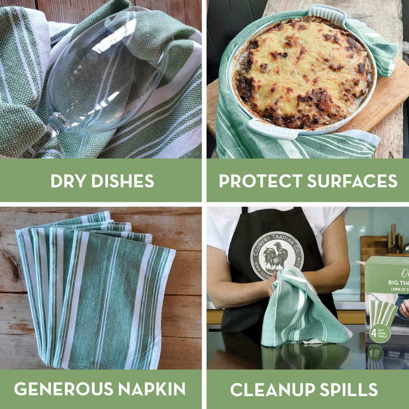 Big Thirsty Dish Towels - Organic Cotton Super Absorbent Kitchen Towels, Set of 4, Green and White Stripe  Soft Weave Machine Washable Tea Towels - 25 x 19 - NewNest Australia