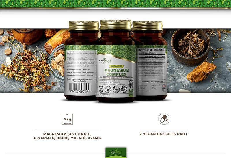 Ezyleaf Magnesium High Dose Capsules | 375Mg Magnesium Per Serving | Magnesium Glycinate, Magnesium Malate & Magnesium Citrate | 90 Vegan Capsules | Iso Certified, Allergen & Gluten Free | Made In The - NewNest Australia