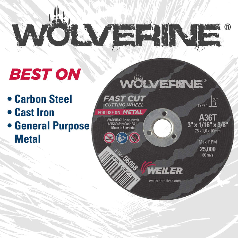 Weiler 56089 Die Grinder Cut-Off Wheel and Mandrel Kit Including 56490 Mandrel and 3-Inch x 1/16" Wolverine T1 Thin Wheels, A36T, 3/8" AH (1 Mandrel and 10 Cutting Discs) Mandrel & 10 Cutting Wheels - NewNest Australia