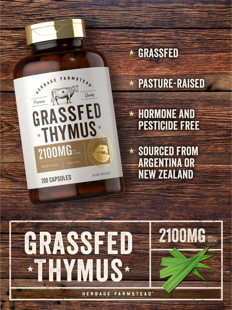 Grass Fed Beef Thymus 2100mg | 200 Capsules | Desiccated Pasture Raised Bovine Supplement | Non-GMO, Gluten Free | by Herbage Farmstead - NewNest Australia