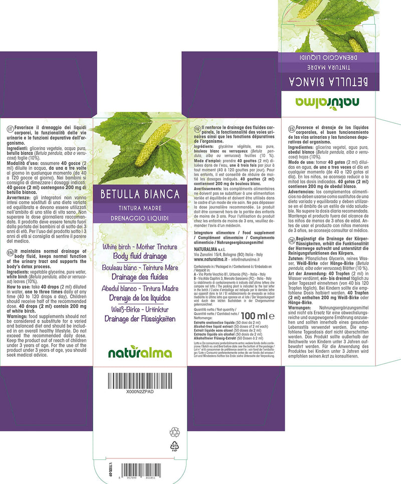 White Birch (Betula pendula, alba or verrucosa) Leaves Alcohol-Free Mother Tincture Naturalma | Liquid Extract Drops 100 ml | Food Supplement | Vegan 100 ml (Pack of 1) - NewNest Australia