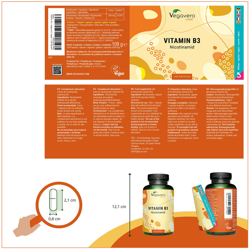 Vitamin B3 Niacin | High dose: 500 mg nicotinamide | 180 capsules - 6 month supply | Skin - Nerves - Energy* | Flushfree| Laboratory tested | Vegan - No additives | German production of Vegavero® - NewNest Australia