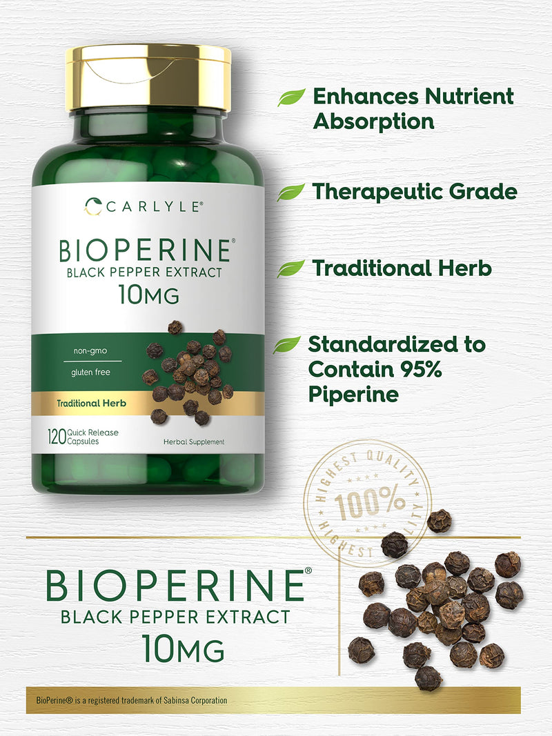Bioperine 10mg | 120 Capsules | Non-GMO & Gluten Free | Sourced from Black Pepper Extract | Supports Curcumin Powder Absorption | by Carlyle - NewNest Australia
