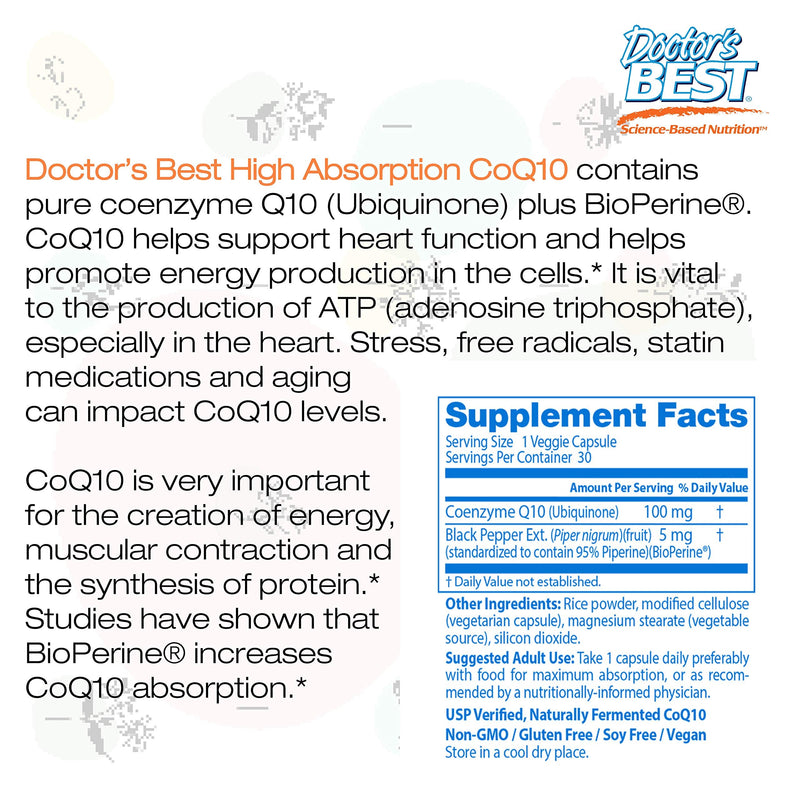 Doctor's Best High Absorption CoQ10 with BioPerine, Vegan, Gluten Free, Naturally Fermented, Heart Health & Energy Production, 100 mg 30 Veggie Caps 30 Count (Pack of 1) - NewNest Australia