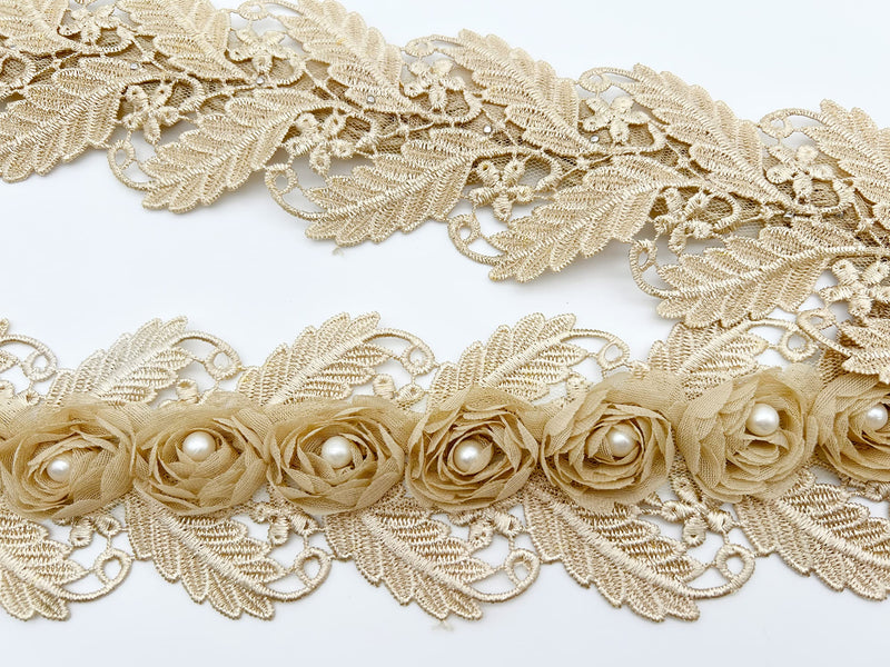 PEPPERLONELY 1 Yard Gold 3D Pearl Chiffon Flower Embroidered Lace Edge Trim Ribbon, Flower Width 7.5cm - NewNest Australia