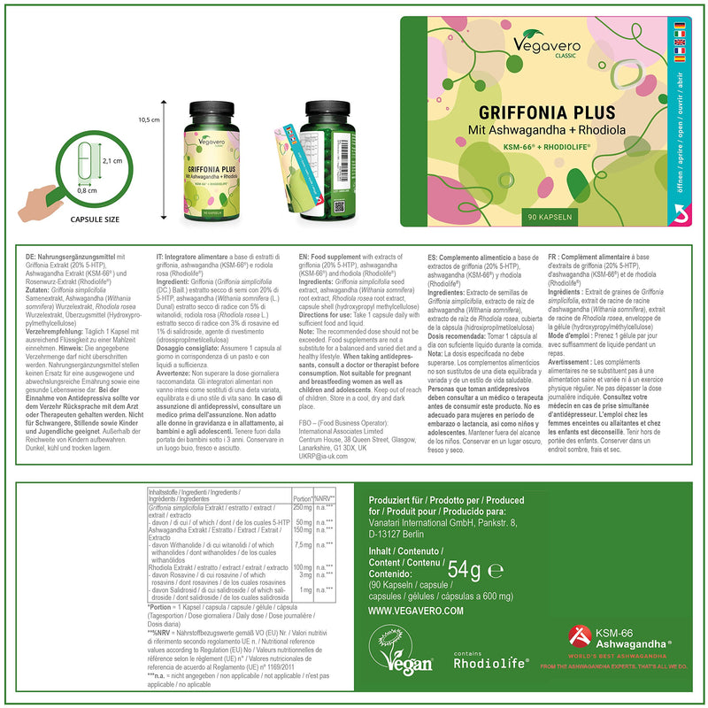 5HTP High Strength Vegavero® | Griffonia Seed, Rhodiola & Ashwagandha Extracts | Premium Branded Raw Materials | Synergistic & Natural Adaptogens | NO Additives, Lab-Tested | 90 Capsules | Vegan - NewNest Australia