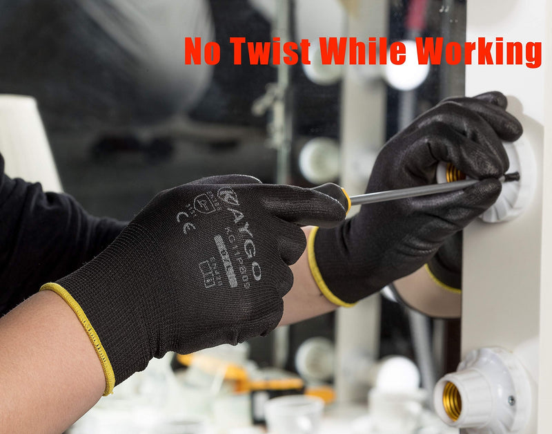 Safety Work Gloves PU Coated-12 Pairs,KAYGO KG11PB, Seamless Knit Glove with Polyurethane Coated Smooth Grip on Palm&Fingers, for Men and Women, Ideal for General Duty Work (Small, Black) Small - NewNest Australia