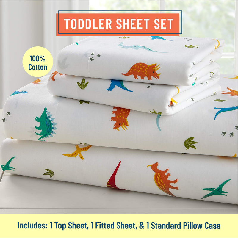 Wildkin Kids 100% Cotton Toddler Sheet Set for Boys and Girls, Bedding Set Includes Top Sheet, Fitted Sheet, Standard Pillow Case, Certified Oeko-TEX Standard 100, Olive Kids (Jurassic Dinosaurs) Jurassic Dinosaurs - NewNest Australia