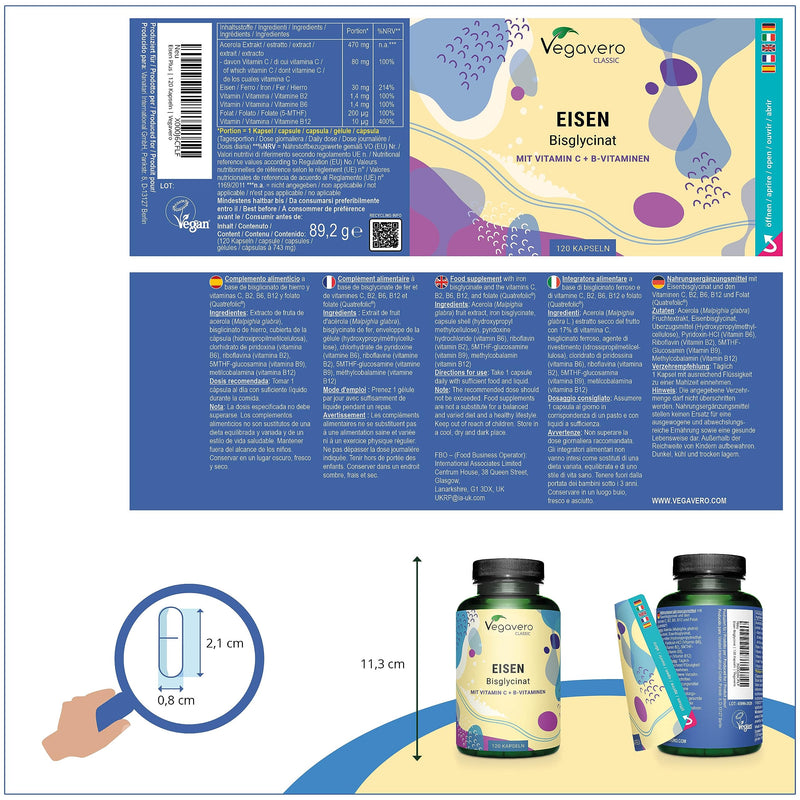 IRON BISGLYCINATE Vegavero® | 30 mg iron | With natural vitamin C, folic acid Quatrefolic®, vitamin B12, B6 & B2 | VEGAN & without additives | 120 capsules - NewNest Australia