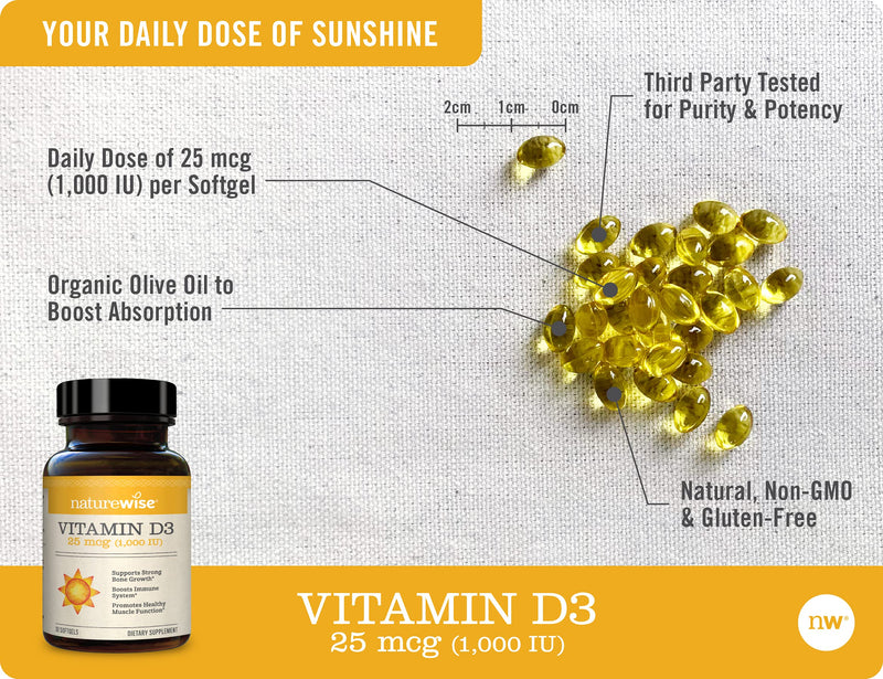 NatureWise Vitamin D3 1000iu (25 mcg) 1 Month Supply for Healthy Muscle Function, Bone Health and Immune Support, Non-GMO, Gluten Free in Cold-Pressed Olive Oil, Packaging May V, 30 Count 30 Count (Pack of 1) 1000 IUs - NewNest Australia
