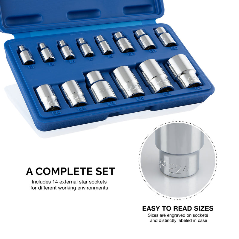 NEIKO 04300A E-Torx Socket Set | 14 Piece | External E4 to E24 | 1/4”, 3/8” and 1/2” Drive | Female Star External Torx | Cr-V Steel - NewNest Australia