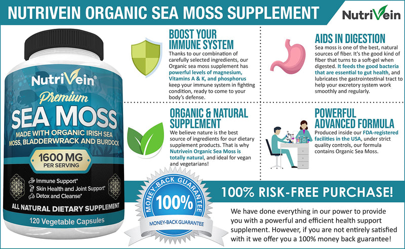 Nutrivein Organic Sea Moss 1600mg Plus Bladderwrack & Burdock - 120 Capsules - Prebiotic Super Food Boosts The Immune System & Digestive Health - Thyroid, Healthy Skin, Keto Detox, Gut, Joint Support - NewNest Australia