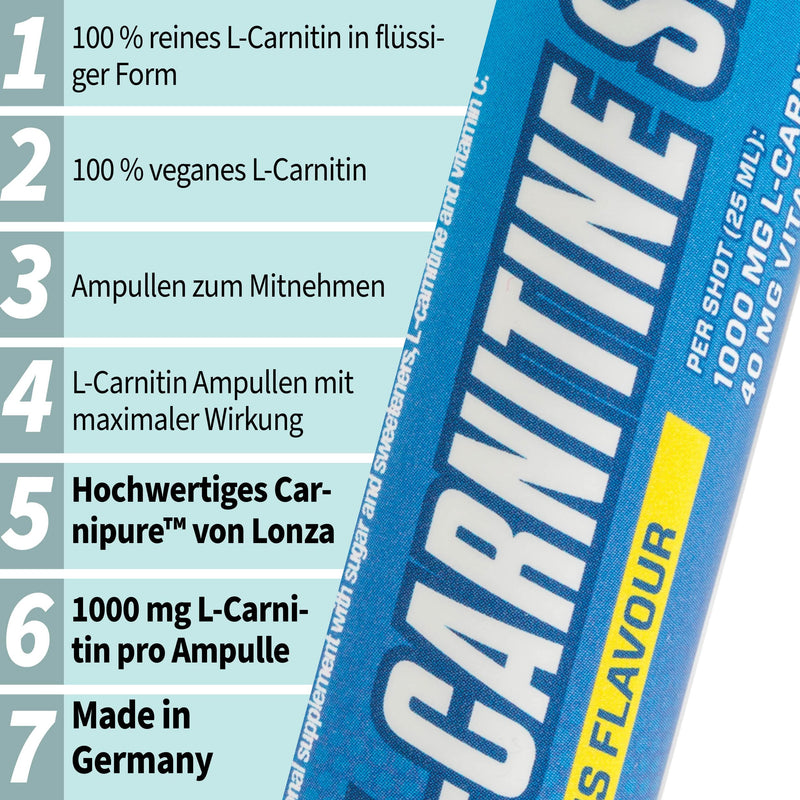 Body Attack L-Carnitine Shot Citrus, 20 X 25 Ml, Made In Germany, 25 Ml/One Serving, 1000 Mg L-Carnitine, 100% Pure & Vegan, High-Quality Carnipure, 40 Mg Vitamin C - NewNest Australia